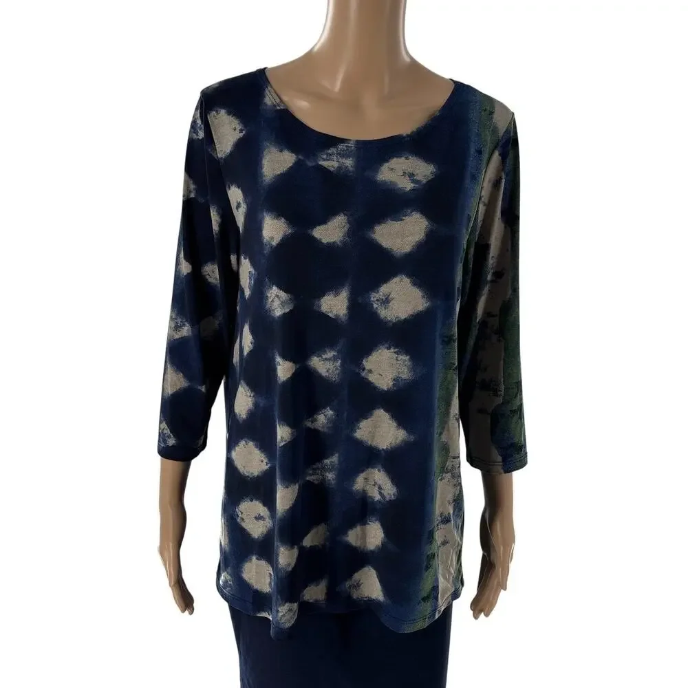 Clara Sunwoo Blue Geometric Patterned Silky Stretch Knit Tunic Top